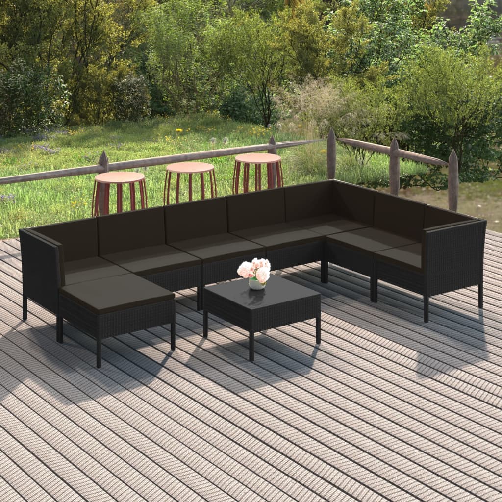 9 részes fekete polyrattan kerti ülőgarnitúra párnákkal