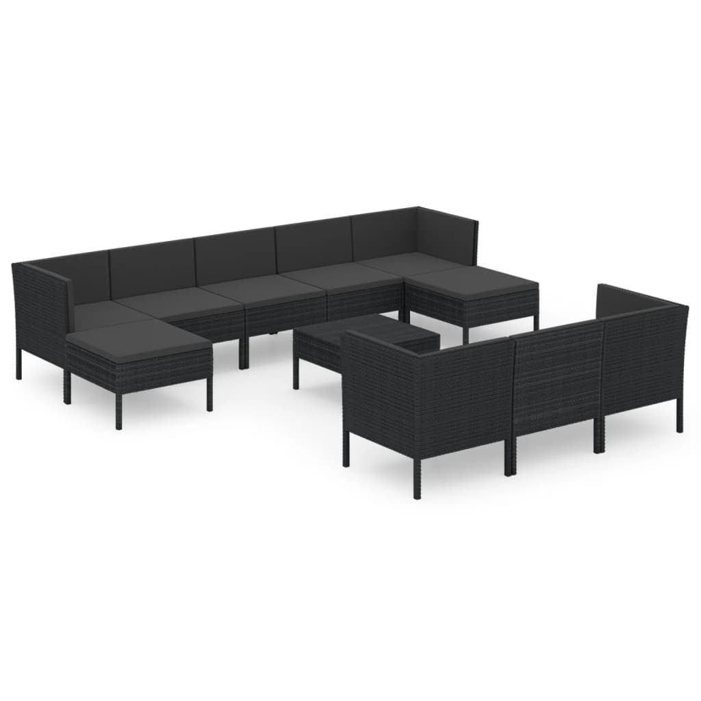 11 részes fekete polyrattan kerti ülőgarnitúra párnákkal
