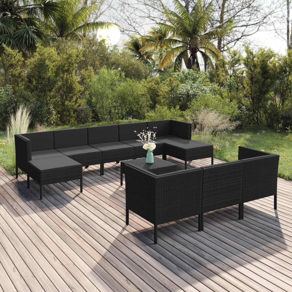 11 részes fekete polyrattan kerti ülőgarnitúra párnákkal