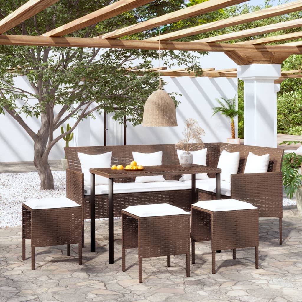 5 személyes barna polyrattan l-alakú kanapészett párnákkal