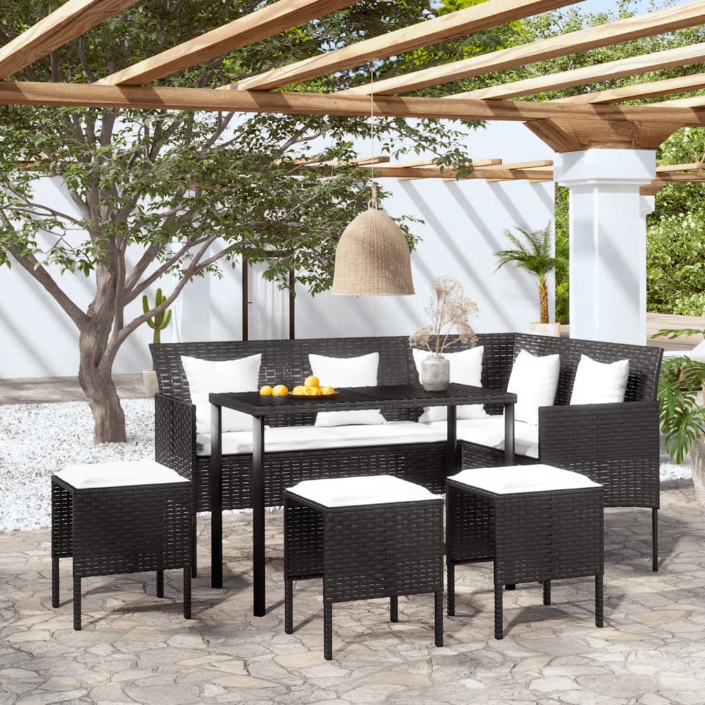 5 személyes fekete polyrattan l-alakú kanapészett párnákkal