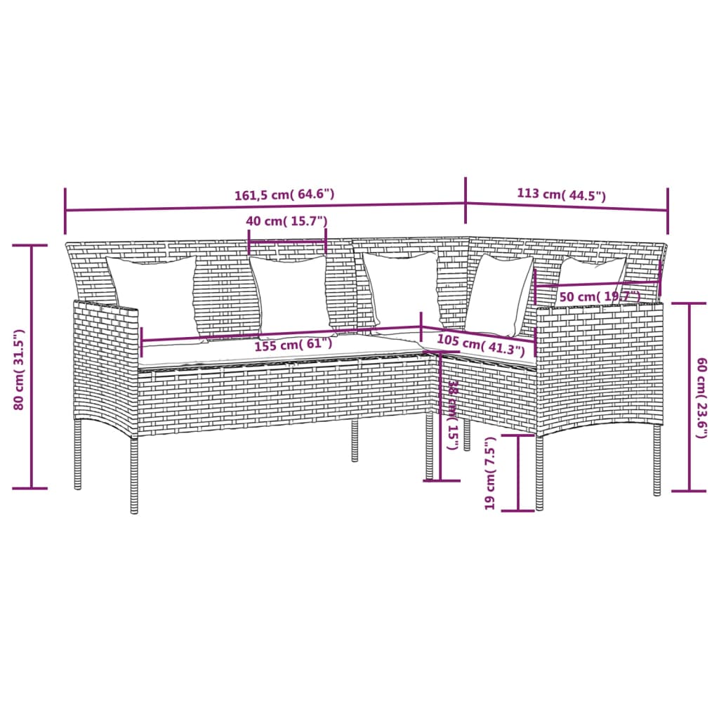 Szürke polyrattan l-alakú kanapé párnákkal