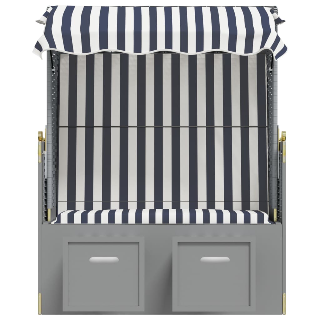 Kék és fehér polyrattan és tömör fa strandszék tetővel