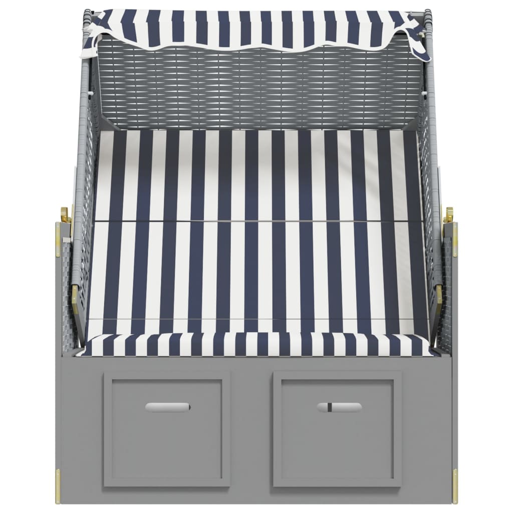 Kék és fehér polyrattan és tömör fa strandszék tetővel