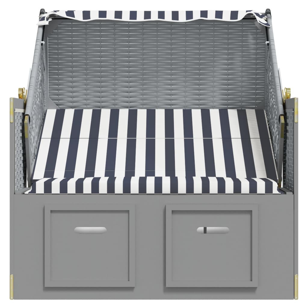 Kék és fehér polyrattan és tömör fa strandszék tetővel