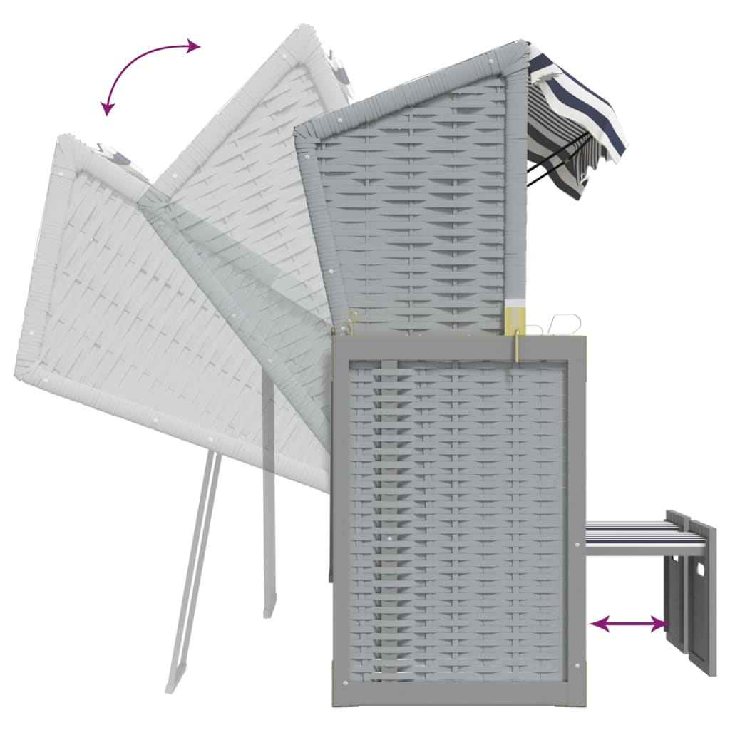 Kék és fehér polyrattan és tömör fa strandszék tetővel