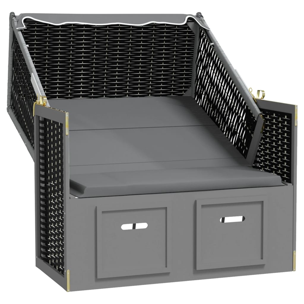 Antracitszürke/fekete polyrattan és tömör fa strandszék tetővel