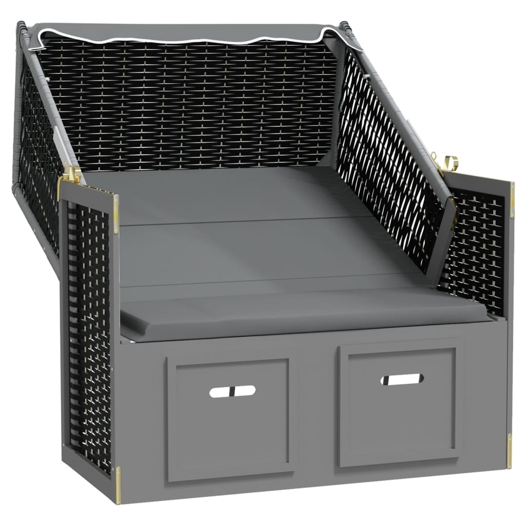 Antracitszürke/fekete polyrattan és tömör fa strandszék tetővel