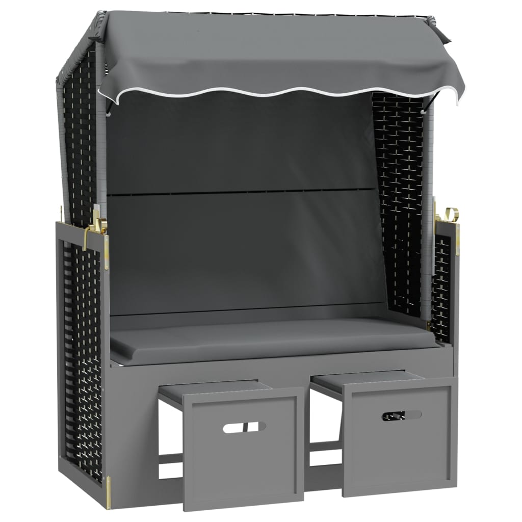 Antracitszürke/fekete polyrattan és tömör fa strandszék tetővel