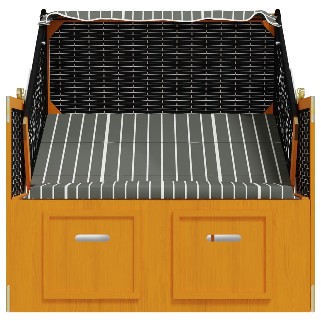 Fekete és szürke polyrattan és tömör fa strandszék tetővel