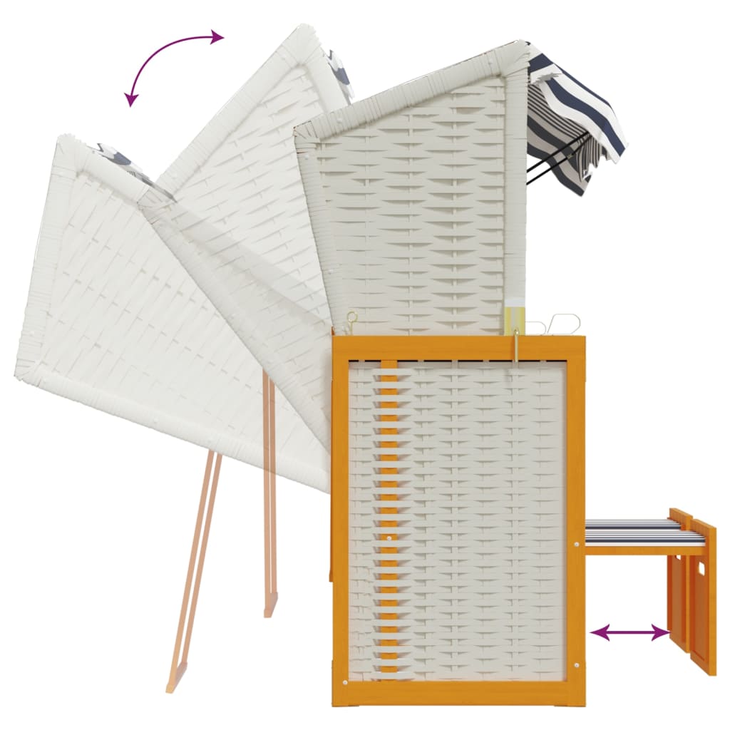 Fehér és kék polyrattan és tömör fa strandszék párnákkal