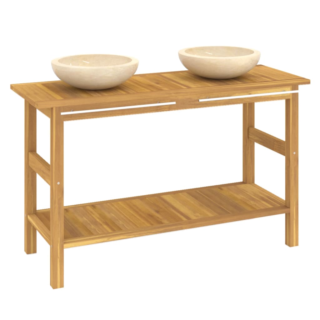 Tömör tíkfa fürdőszobaszekrény krémszínű márvány mosdókkal