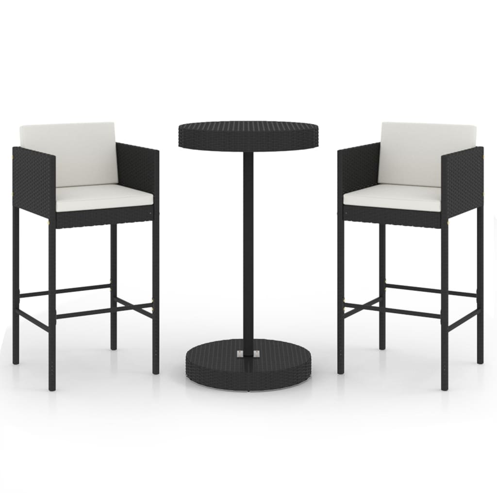 3 részes fekete polyrattan kültéri bárszett párnákkal