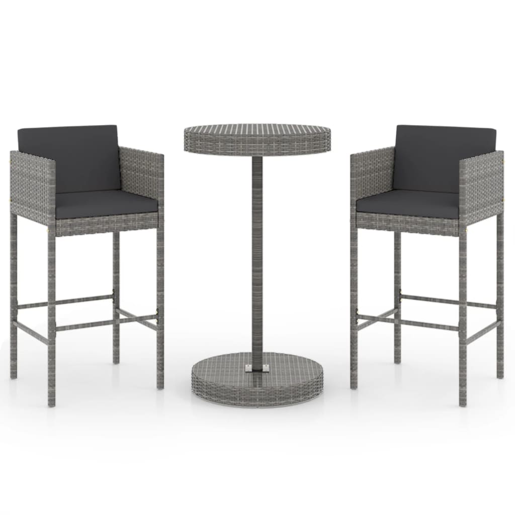 3 részes szürke polyrattan kerti bárszett párnákkal