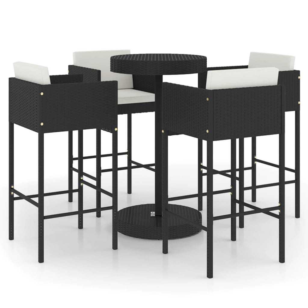 5 részes fekete polyrattan kerti bárszett párnákkal