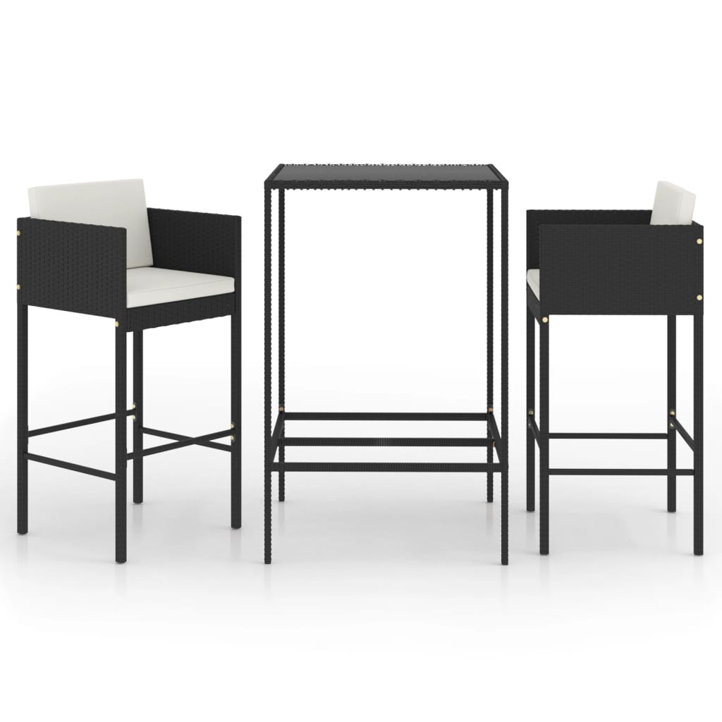 3 részes fekete polyrattan kültéri bárszett párnákkal