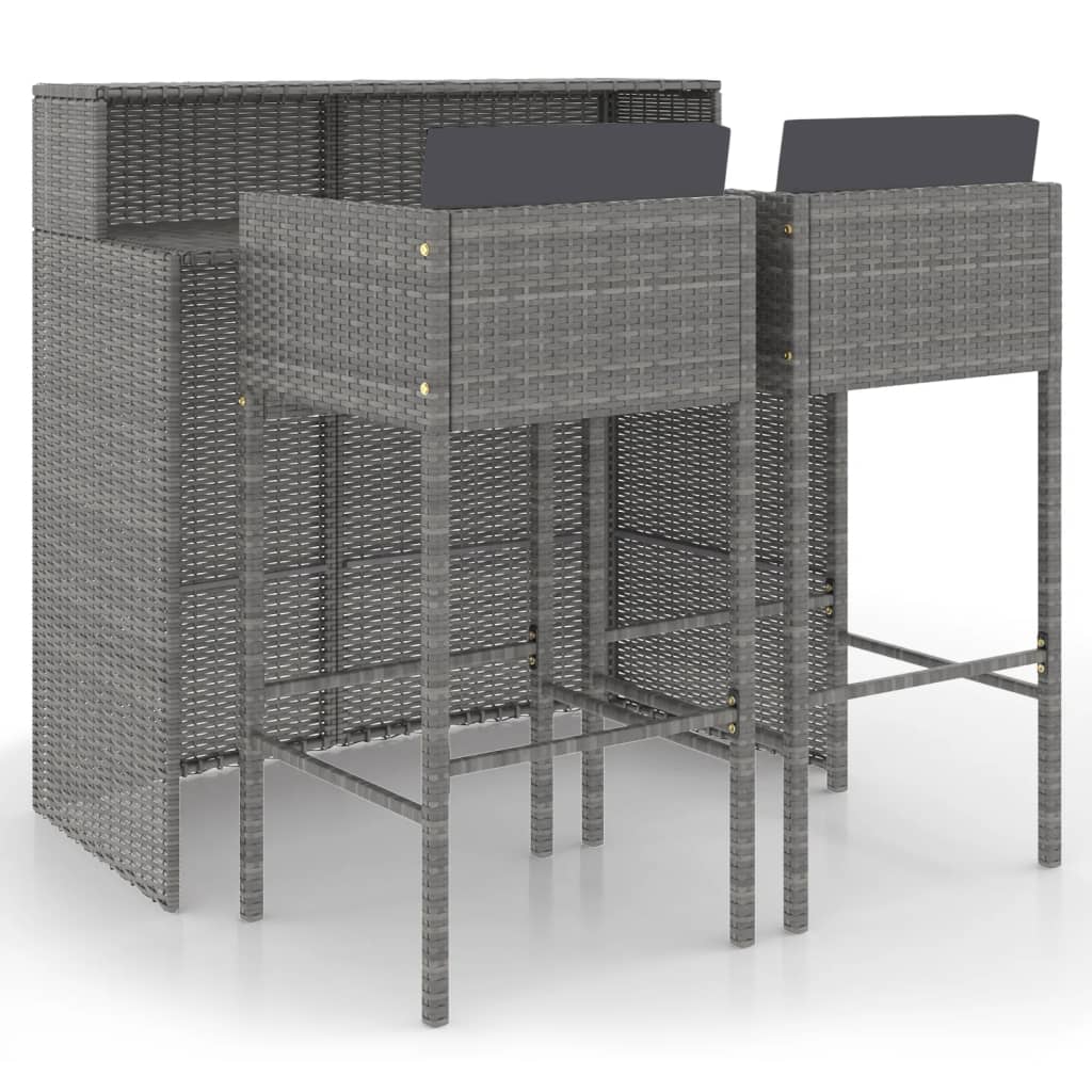 3 részes szürke polyrattan kerti bárszett párnákkal