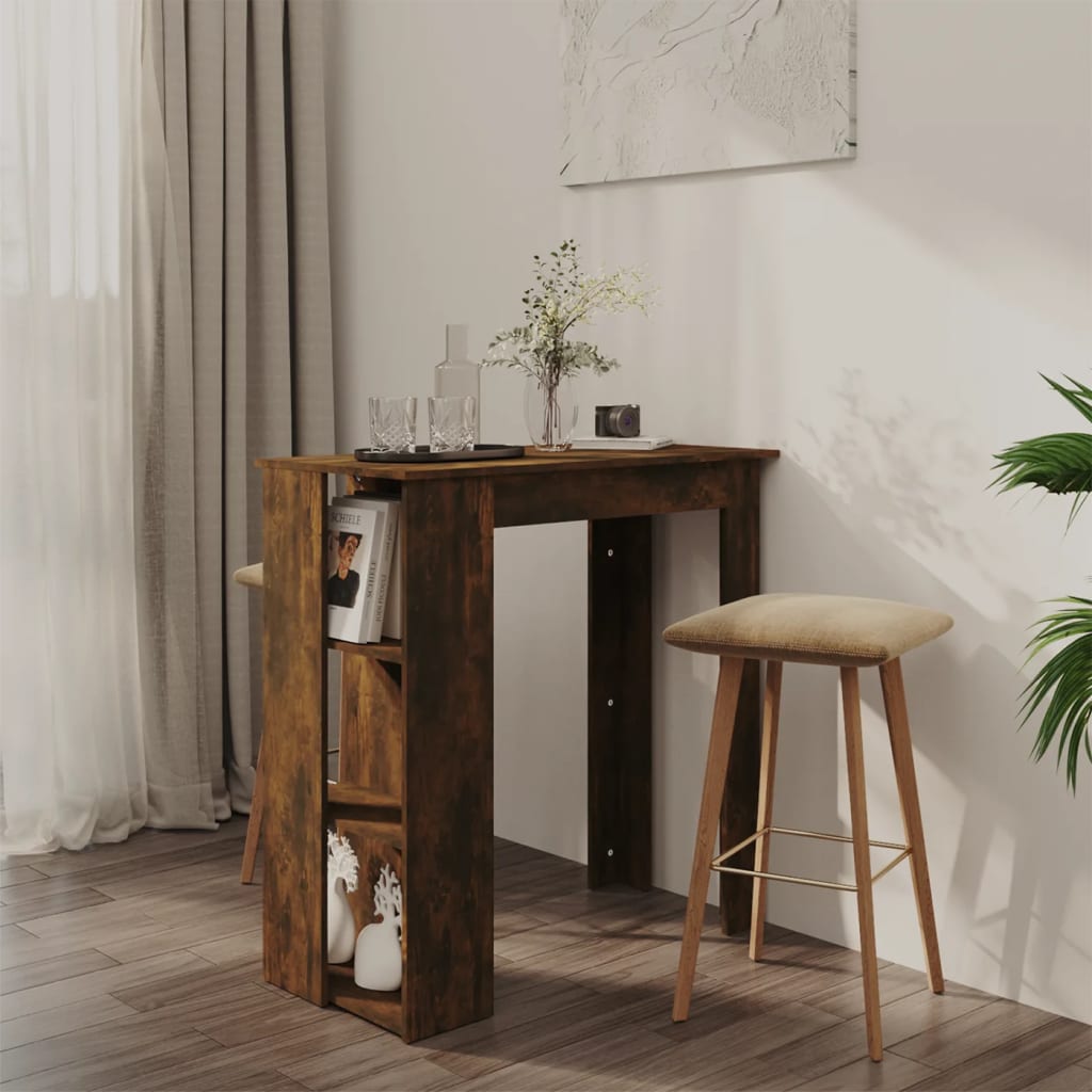 Füstös tölgyszínű forgácslap bárasztal polccal 102x50x103,5 cm