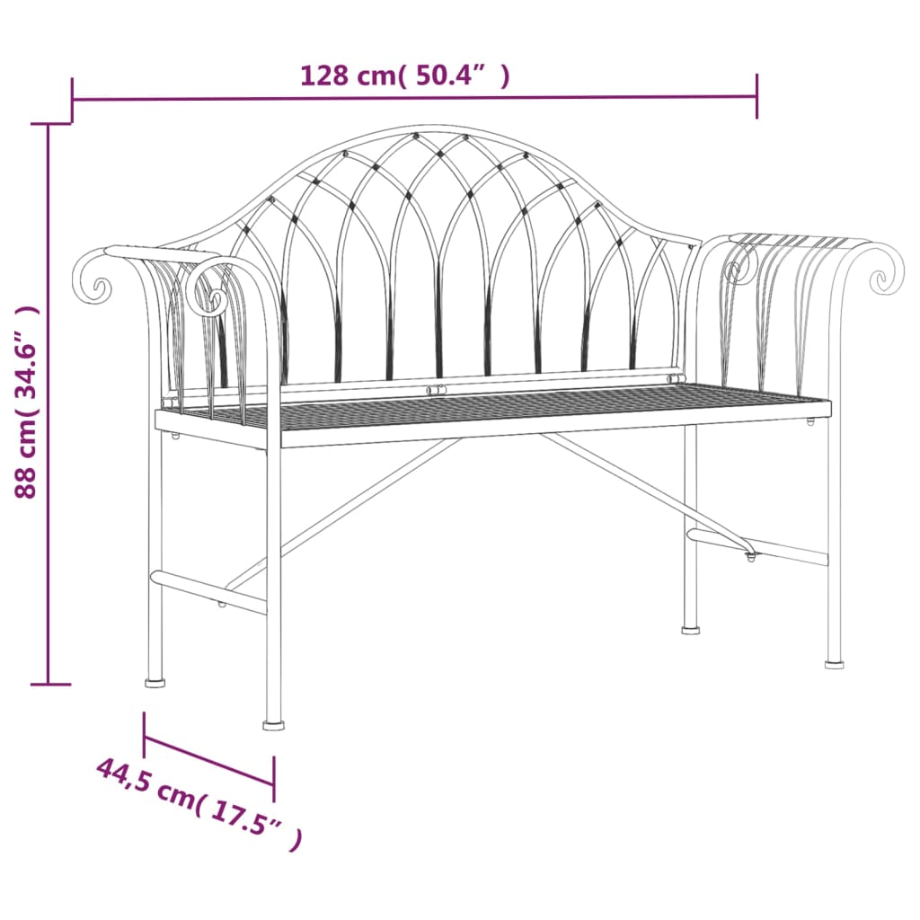 Kétszemélyes fekete acél kerti pad 128 cm