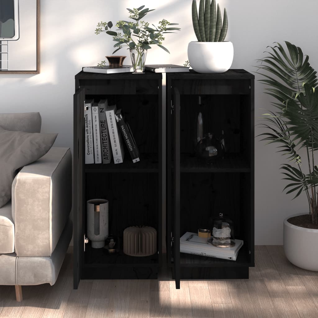 2 db fekete tömör fenyőfa tálalószekrény 31,5 x 34 x 75 cm