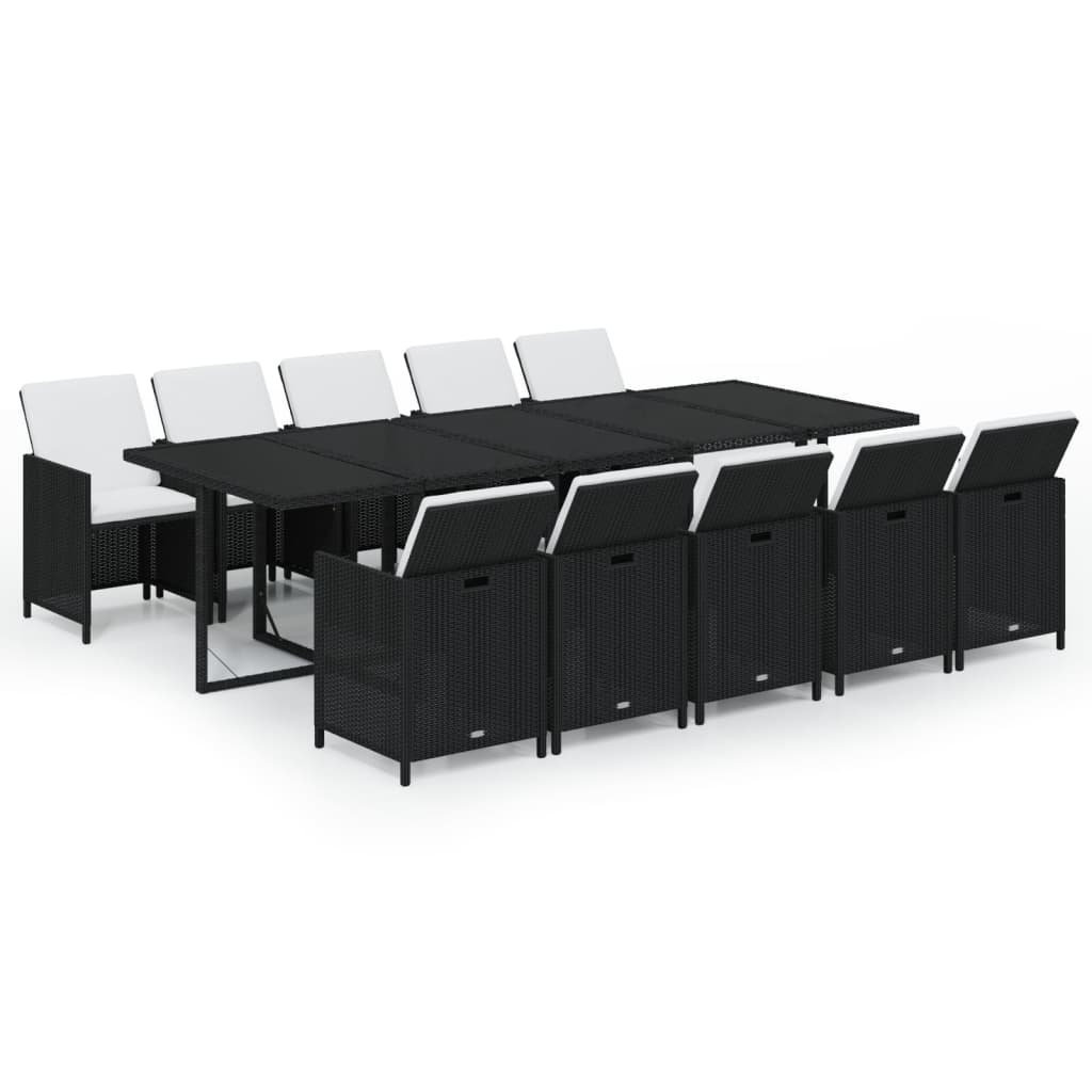 11 részes fekete polyrattan kerti étkezőgarnitúra párnákkal