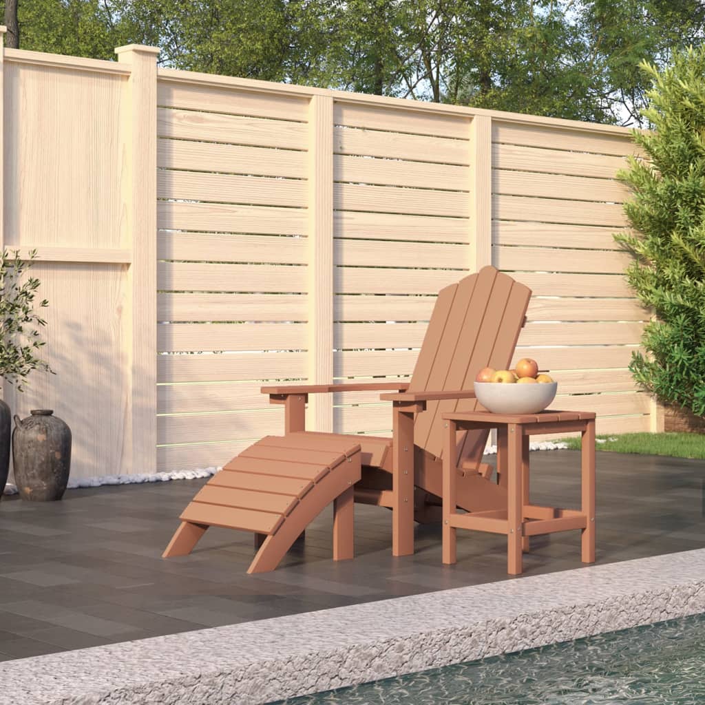 Barna hdpe kerti adirondack szék lábtartóval és asztallal