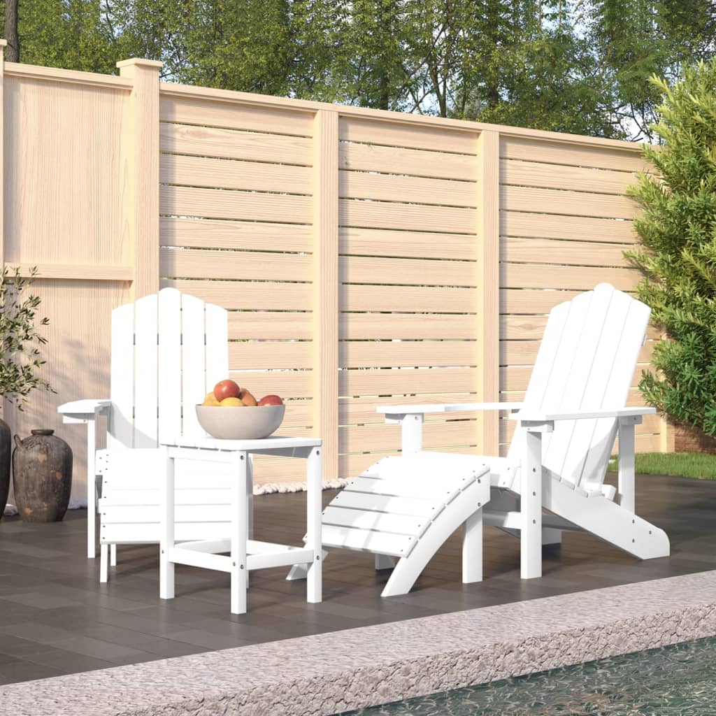 Fehér hdpe kerti adirondack székek lábtartóval és asztallal
