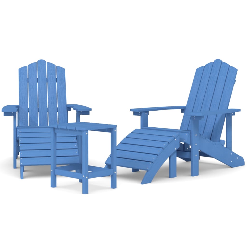Vízkék hdpe kerti adirondack székek lábtartóval és asztallal
