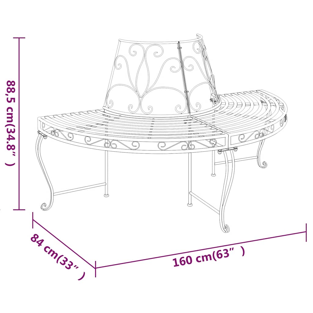 2 db fekete acél félkör alakú fa körüli pad ø160 cm