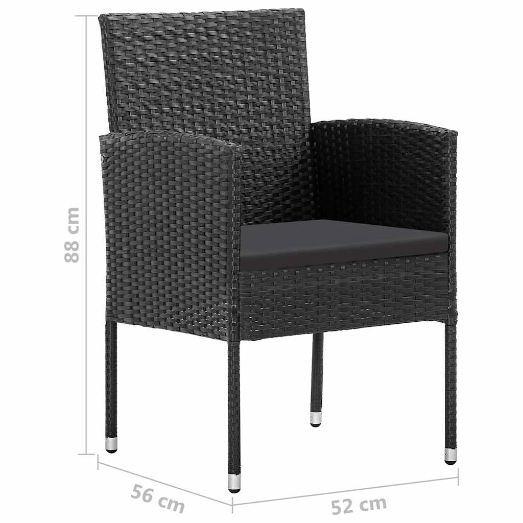 2 db fekete polyrattan kerti szék fekete párnákkal