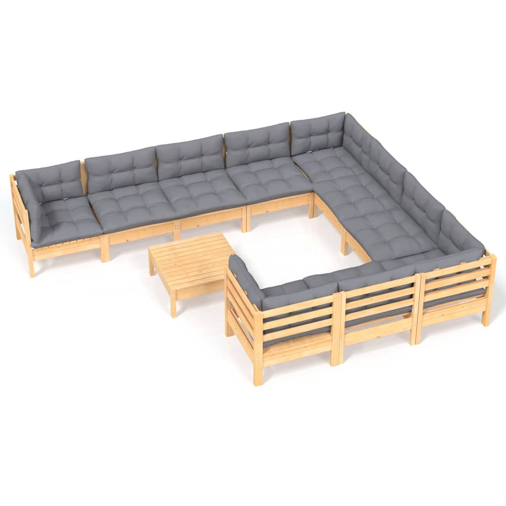 11 részes fenyőfa kerti ülőgarnitúra szürke párnákkal