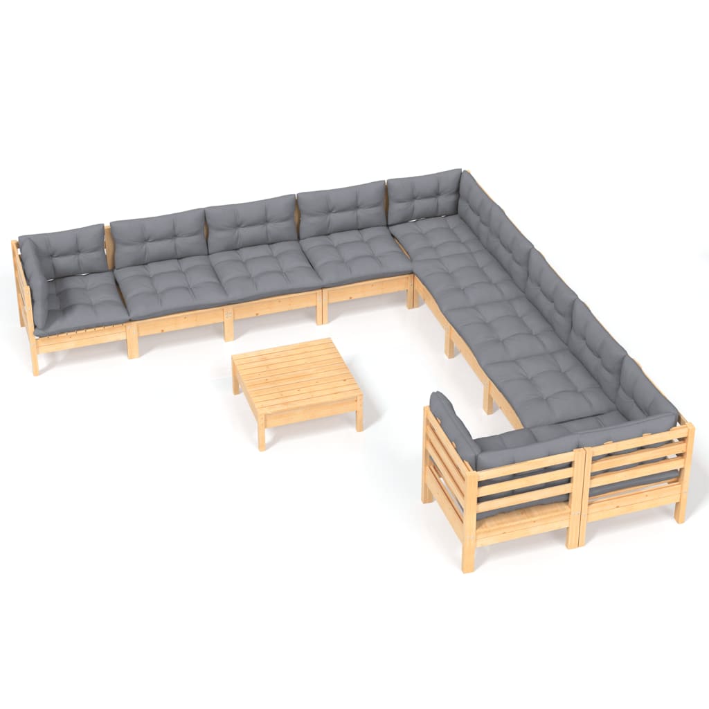 11 részes fenyőfa kerti ülőgarnitúra szürke párnákkal