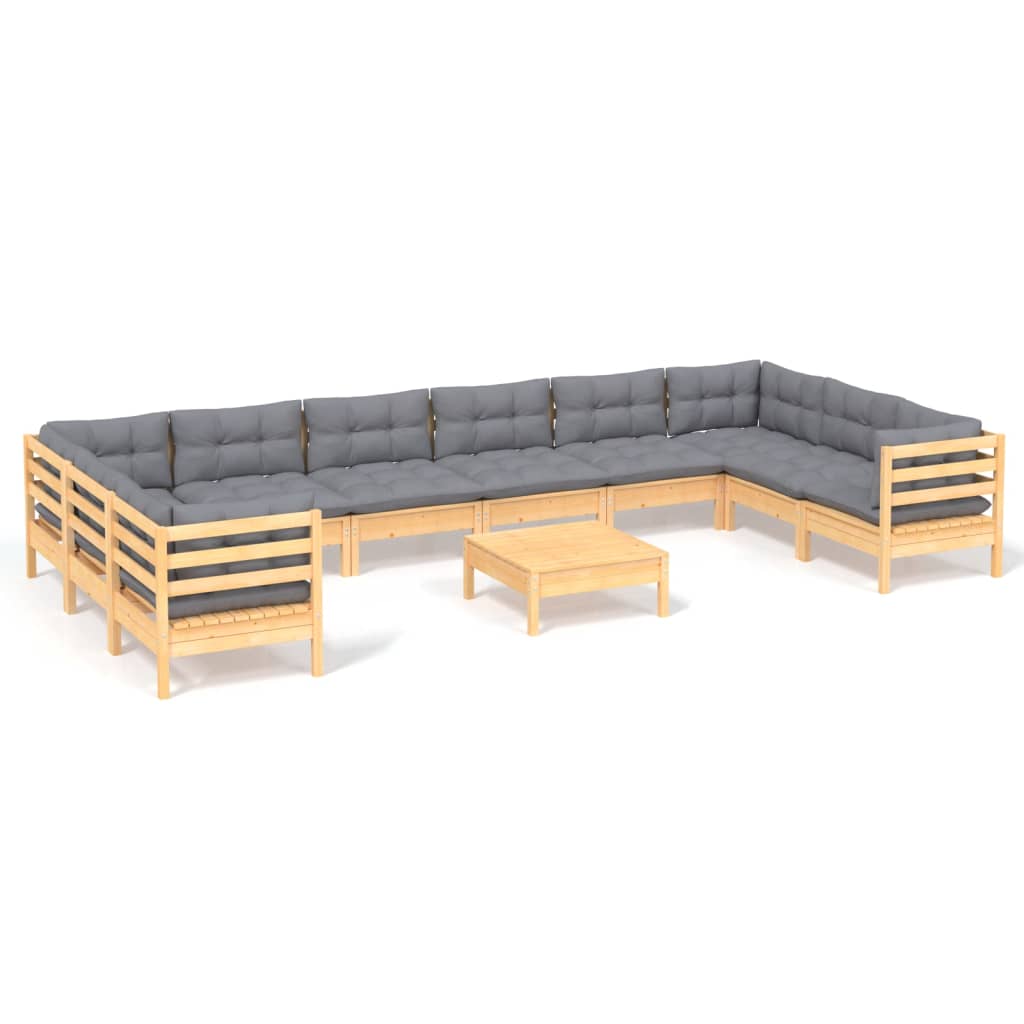 11 részes fenyőfa kerti ülőgarnitúra szürke párnákkal