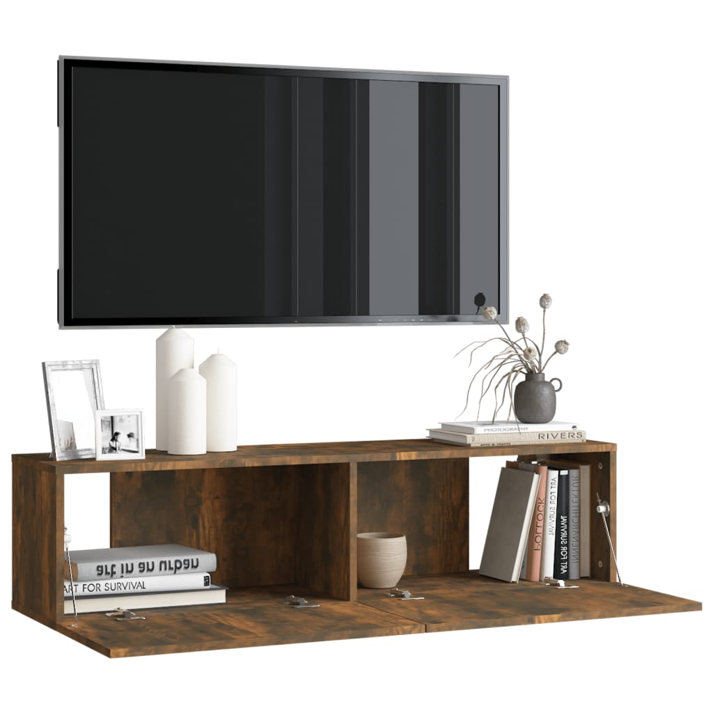 Füstös tölgyszínű szerelt fa fali tv-szekrény 120 x 30 x 30 cm Füstös tölgyszínű szerelt fa fali tv-szekrény 120 x 30 x 30 cm