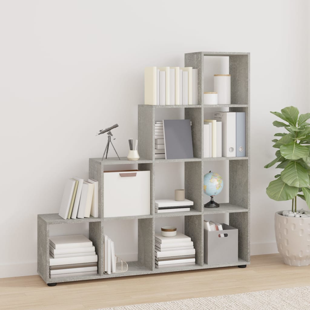 Betonszürke szerelt fa lépcsős könyvespolc 142 cm