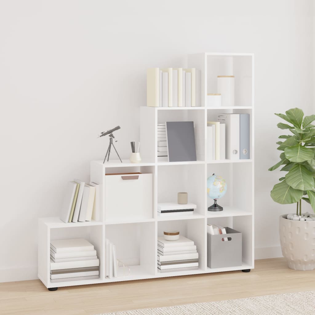 Magasfényű fehér szerelt fa lépcsős könyvespolc 142 cm