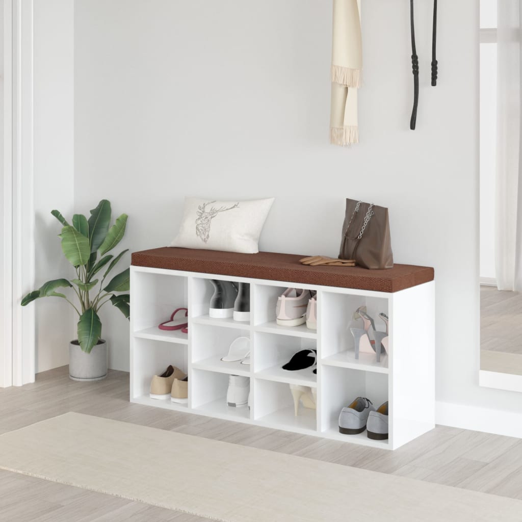 Magasfényű fehér szerelt fa cipőtároló pad 100x35x45 cm