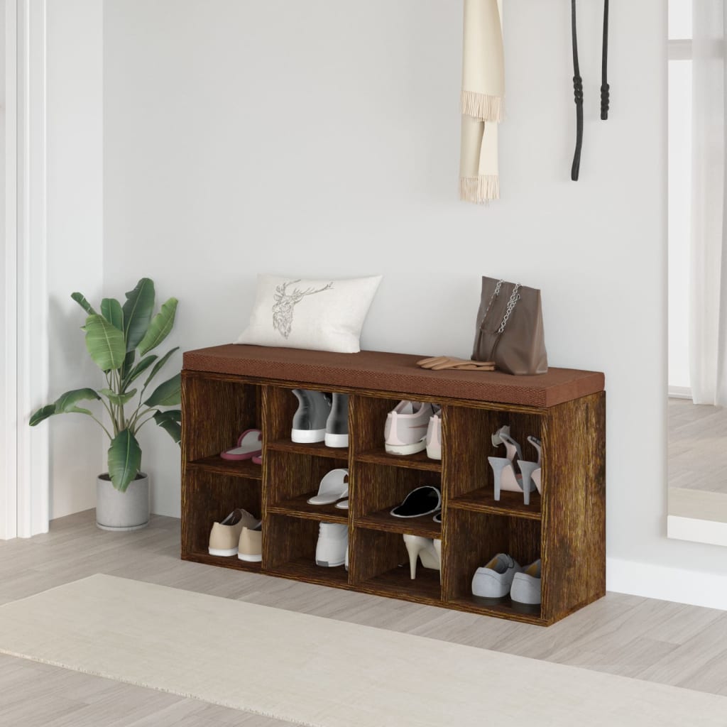 Füstös tölgyszínű szerelt fa cipőtároló pad 103x30x48 cm