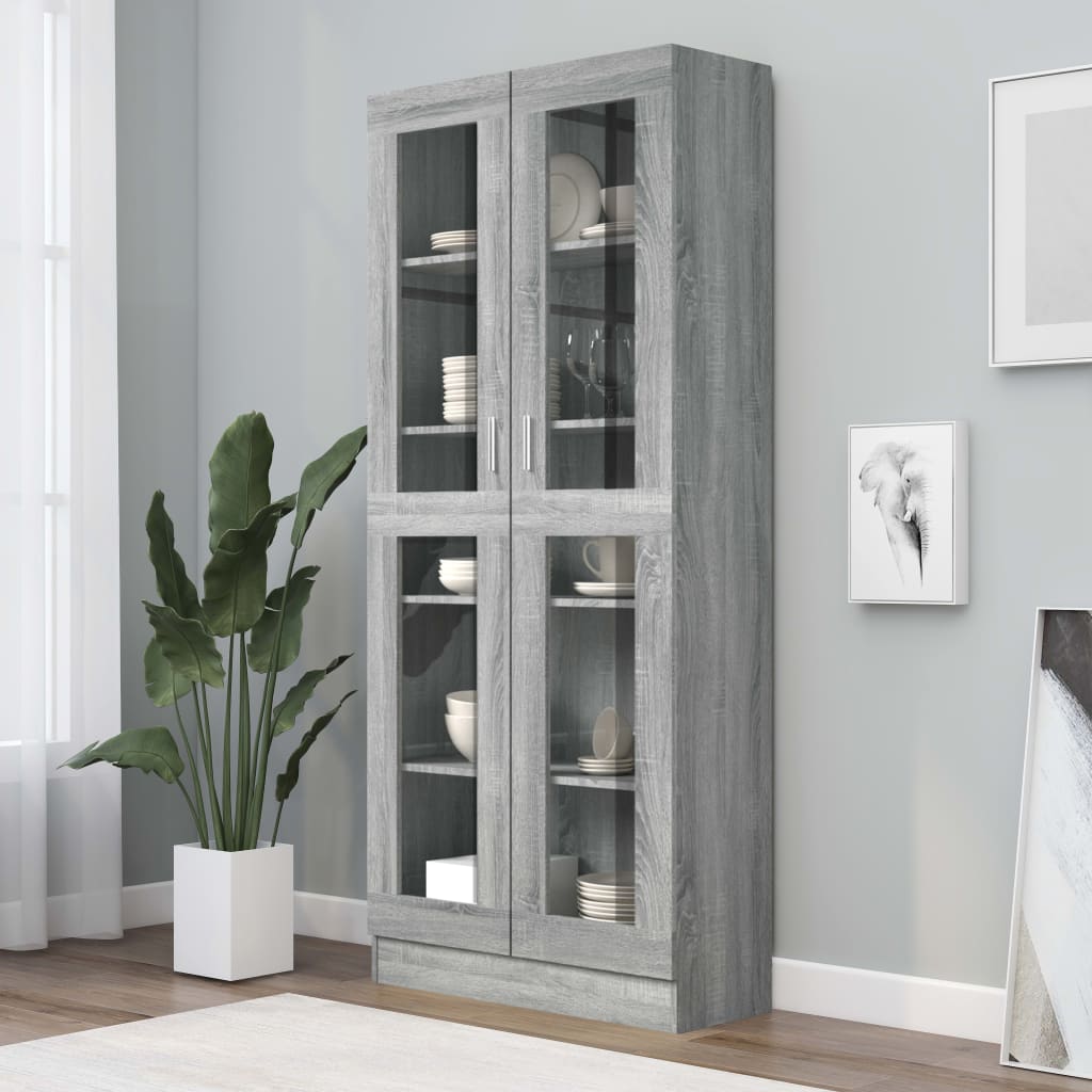 Szürke sonoma szerelt fa vitrinszekrény 82,5x30,5x185,5 cm