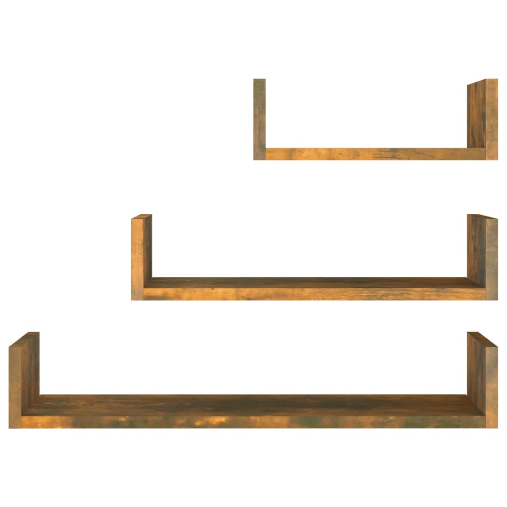 3 db füstös tölgyszínű szerelt fa fali bemutatópolc