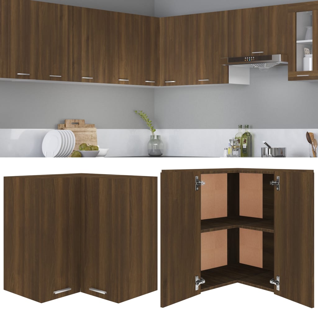 Barna tölgyszínű szerelt fa függő sarokszekrény 57x57x60 cm