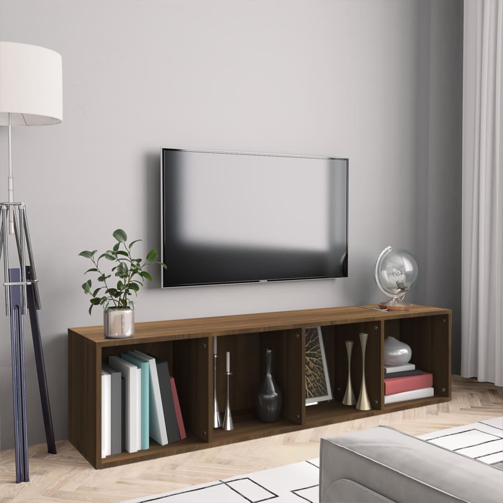 Barna tölgy színű szerelt fa könyv-/tv-szekrény 143x30x36 cm