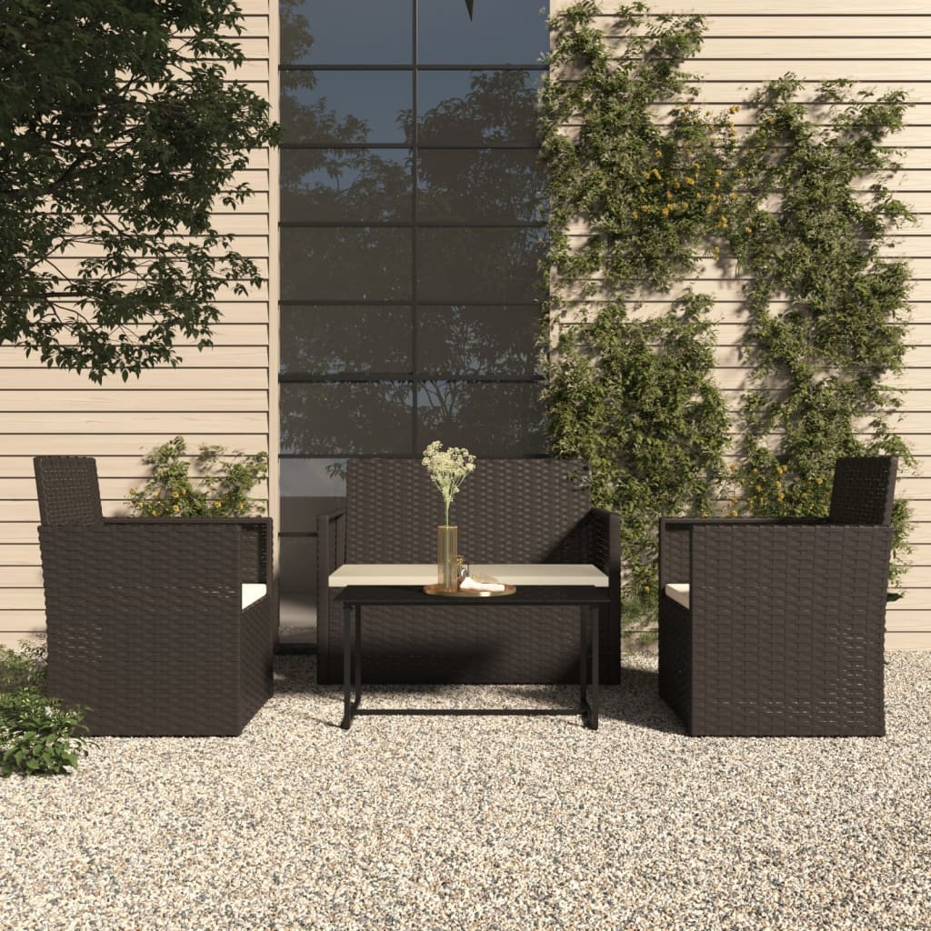 4-részes fekete polyrattan kültéri ülőgarnitúra párnákkal