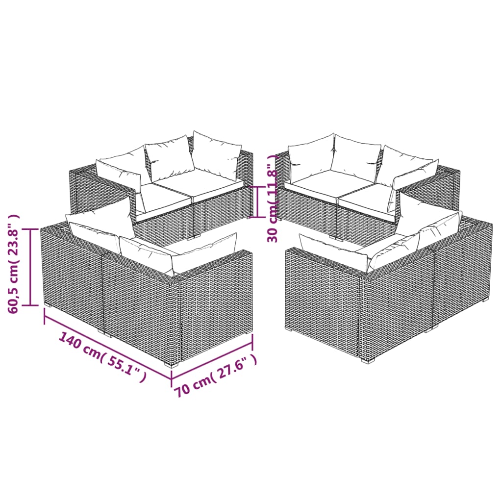8-részes fekete polyrattan kerti ülőgarnitúra párnákkal