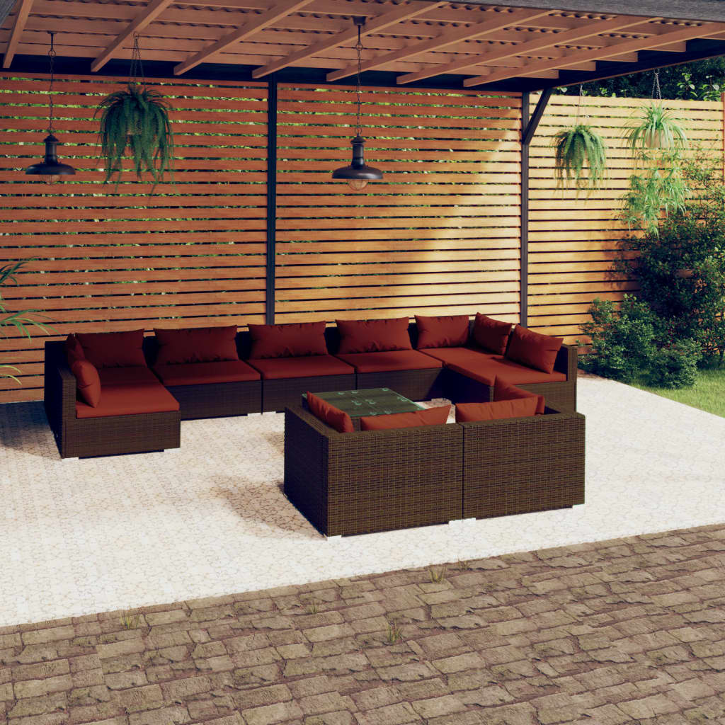 10 részes barna polyrattan kerti ülőgarnitúra párnákkal
