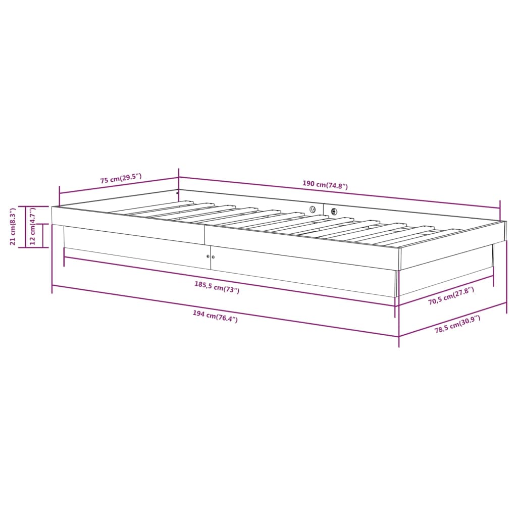 Tömör fenyőfa ágykeret 75 x 190 cm (2ft6 small single)