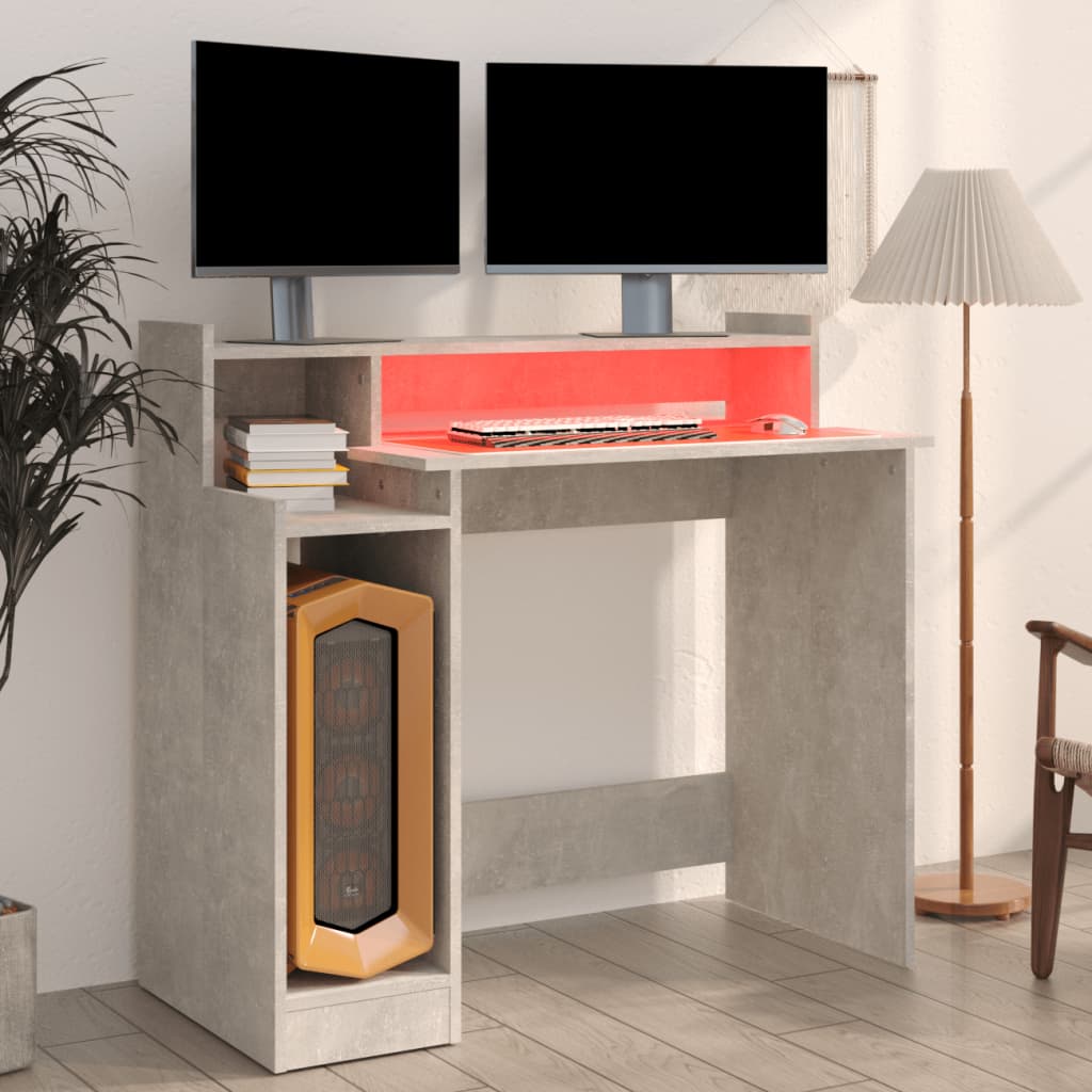 Betonszürke szerelt fa íróasztal led-ekkel 97 x 90 x 45 cm