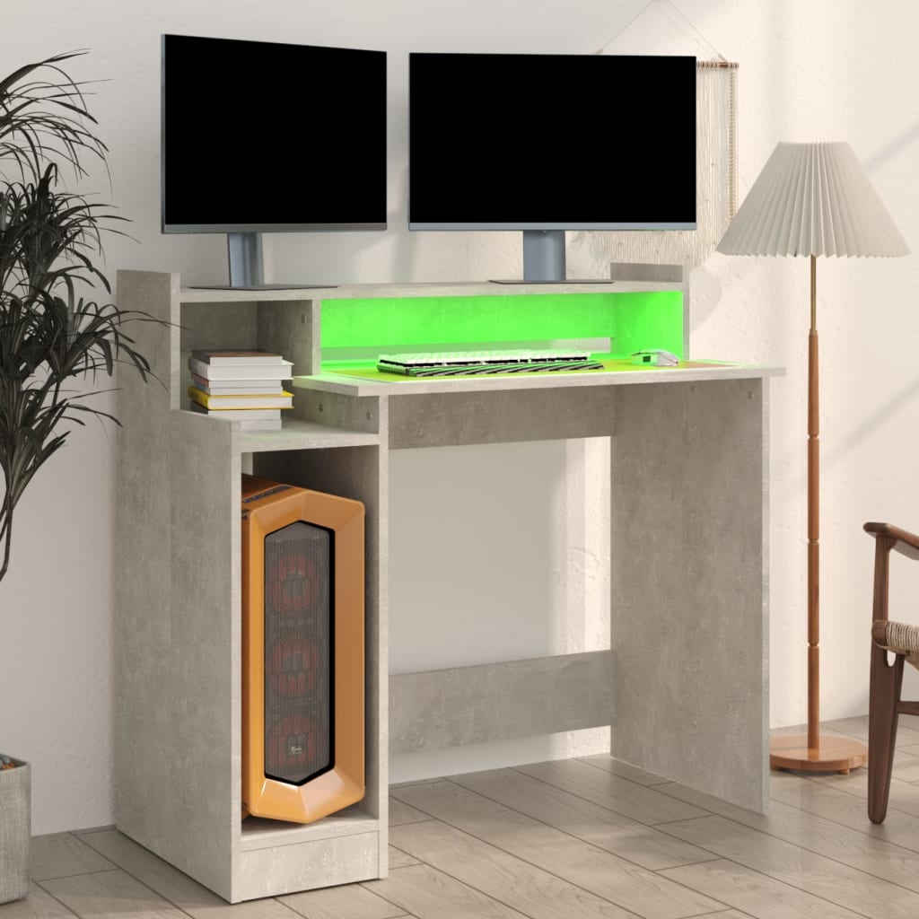 Betonszürke szerelt fa íróasztal led-ekkel 97 x 90 x 45 cm