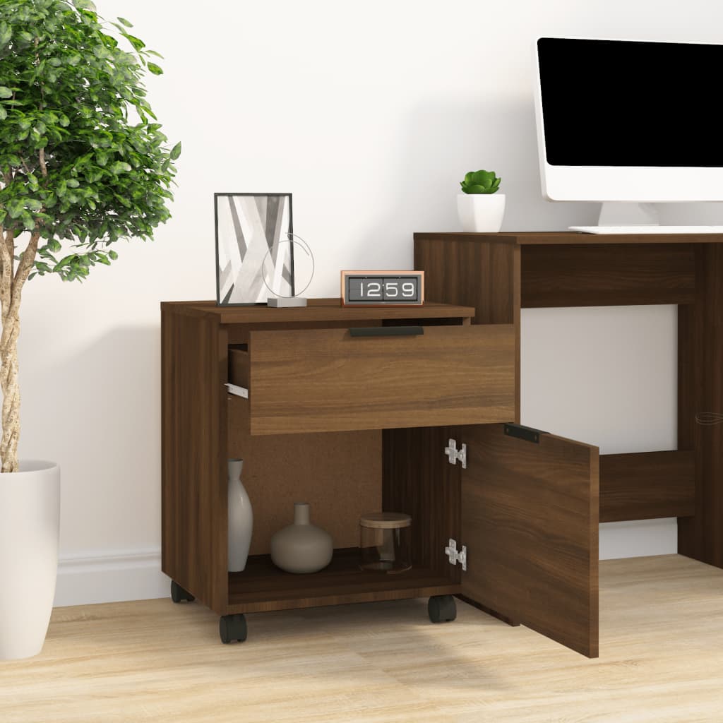 Barna tölgyszínű szerelt fa iratszekrény kerekekkel 45x38x45 cm