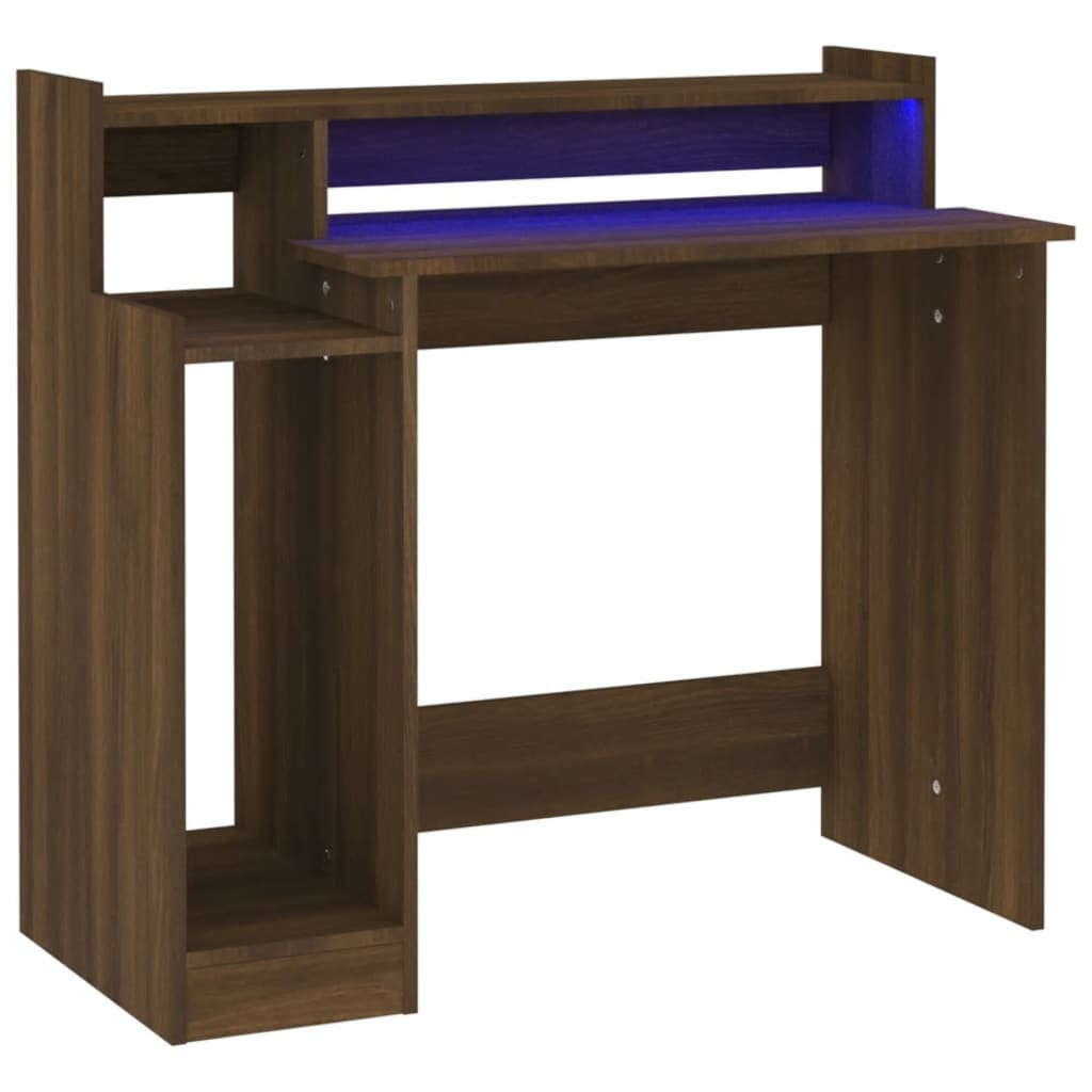 Barna tölgy színű szerelt fa íróasztal led-ekkel 97x90x45 cm